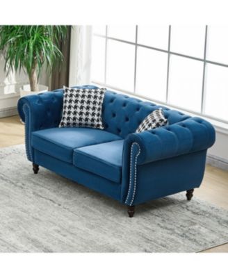 67" Chesterfield Velvet Sofa with Roll Armrest & Nailhead, Mid Century Modern Couch, Blue
