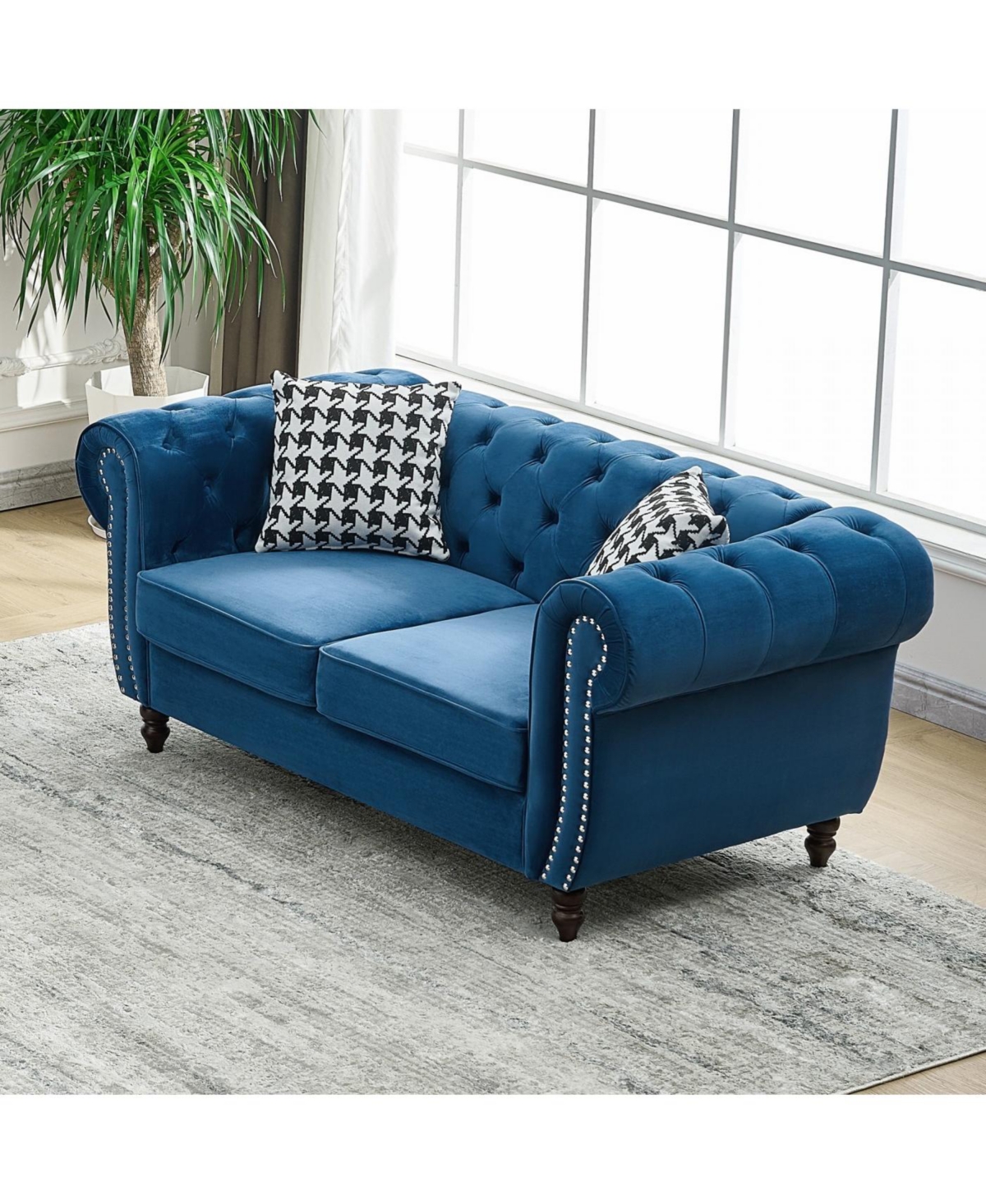 Streamdale Furniture 67" Chesterfield Velvet Sofa with Roll Armrest & Nailhead, Mid Century Modern Couch, Blue