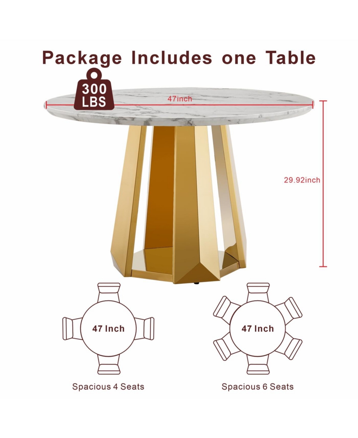 Streamdale Furniture47" Round Marble Dining Table with Stainless Steel Base (Gold, White)