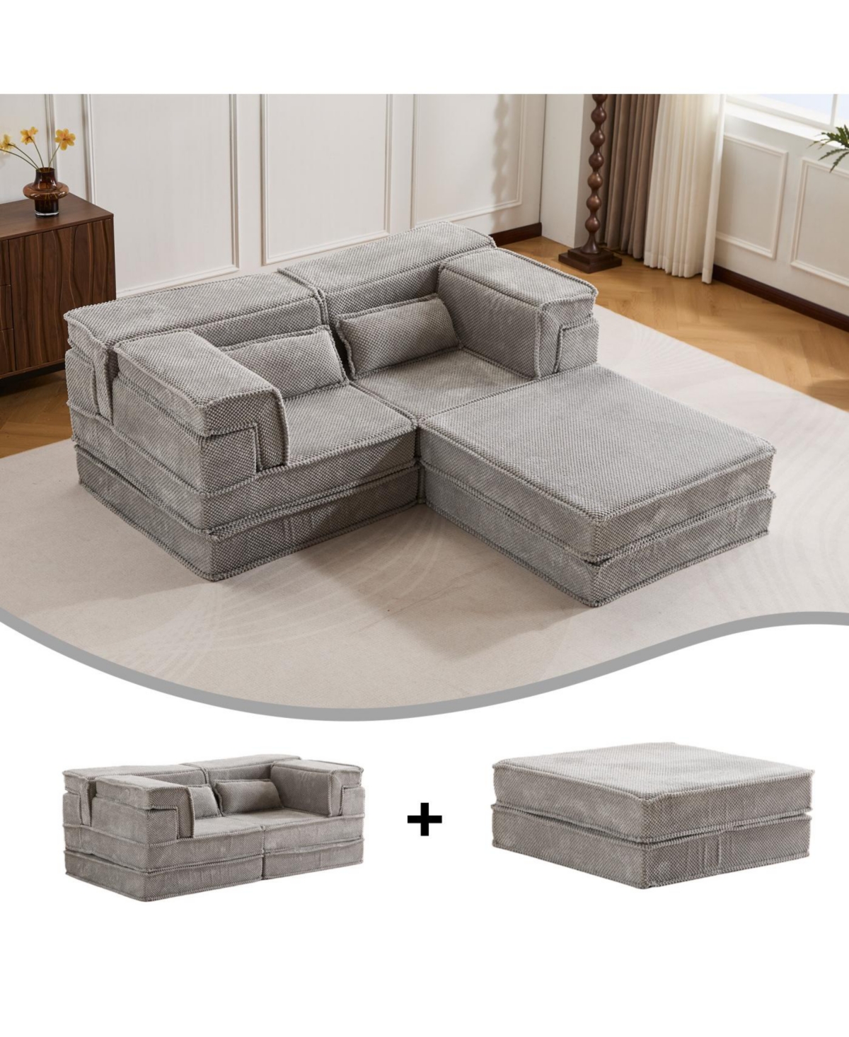 Streamdale Sofa, Convertible Floor Sofa Bed, Modular Sectional, No Assembly, Grey