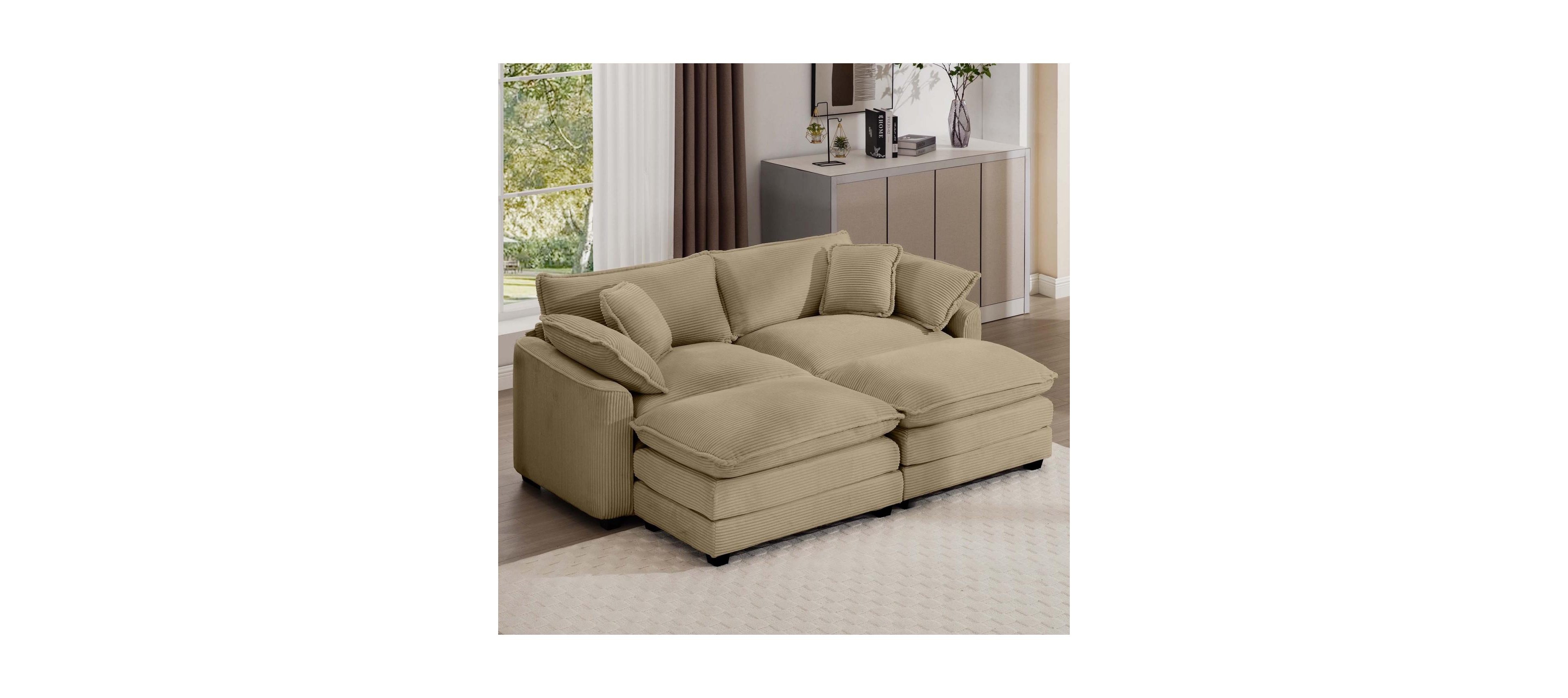 Streamdale Corduroy Two-Seater Sofa with 2 Footrests and Ottoman