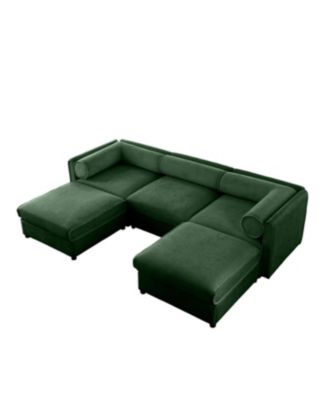 Elegant Green Chenille U-Shaped Sofa with Storage Seat and Ottoman