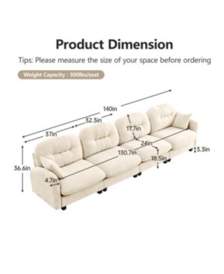 Four-Seater Modular Chenille Sectional Couch with Pillows, Beige