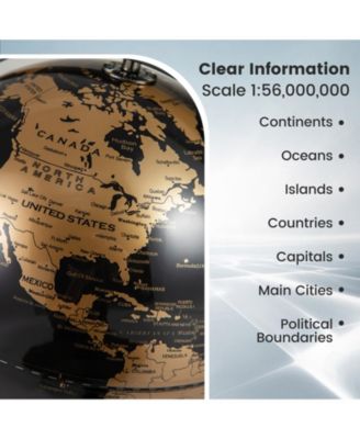 9-Inch Metallic Black and Gold World Globe with Sturdy Metal Base