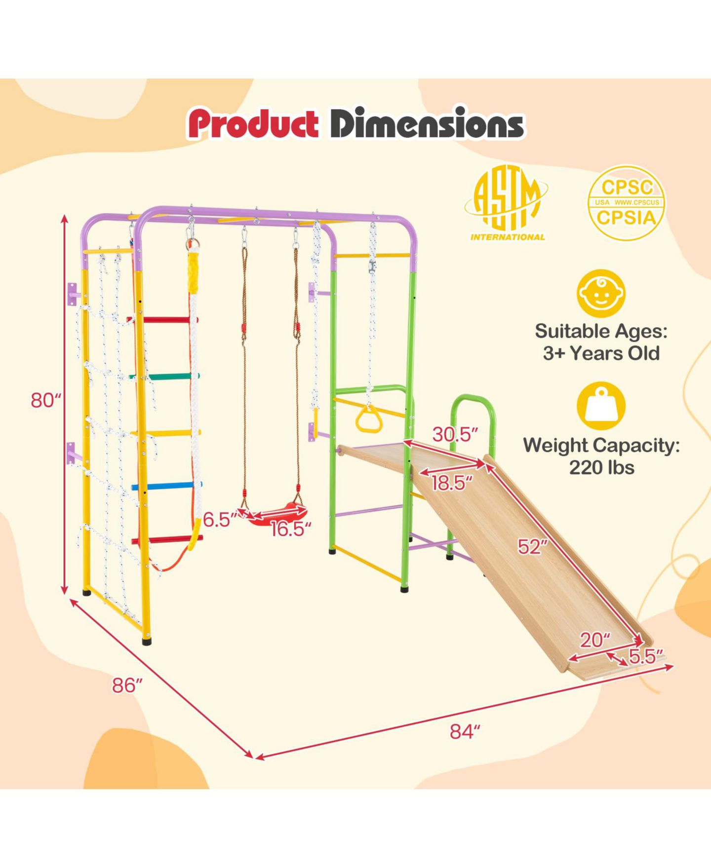 Детский игровой набор HONGGE 8-in-1 Metal Indoor Jungle Gym Playset with Monkey Bars, Climbing Wall, Slide & Swing, Ages 3+ — фото 3
