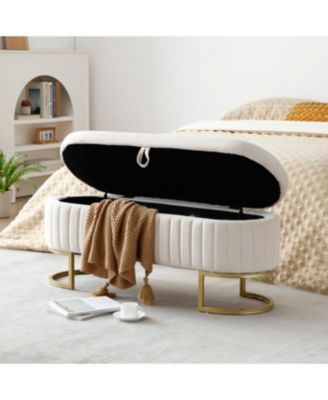 Velvet Oval Upholstered Storage Bench with Golden Metal Legs, 50" Beige
