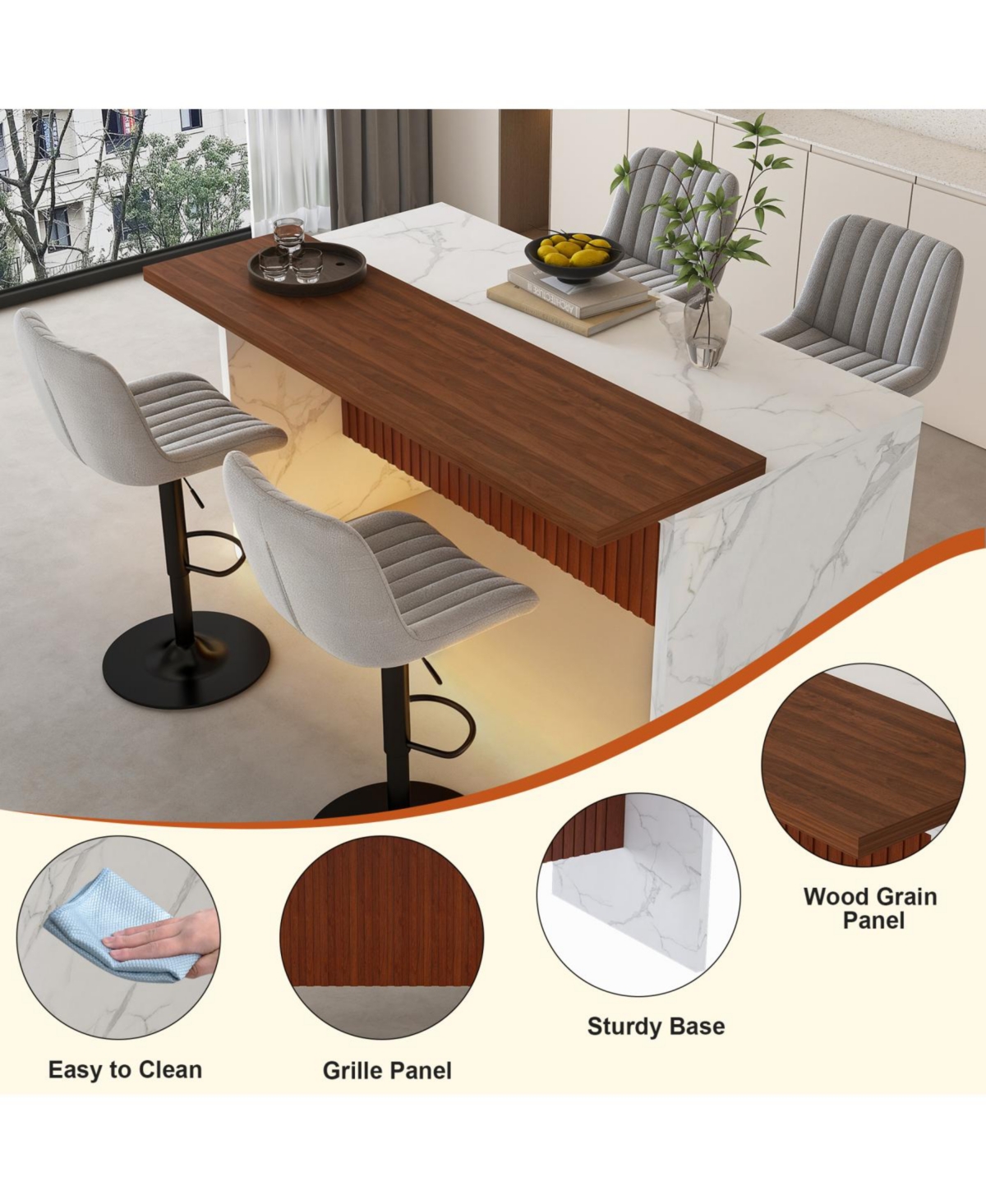 Streamdale Black Marble Kitchen Island with Led Lighting & Grille Details