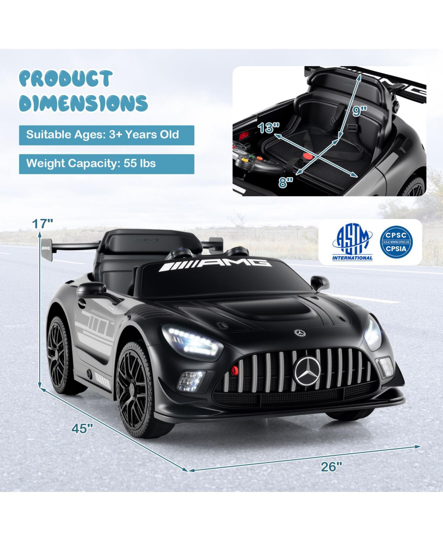 Детская игрушка HONGGE 12V Licensed Mercedes-AMG GT3 Ride-On Car with Remote Control and Adjustable Speed, Ages 3-8, цвет: Чёрный — фото 8