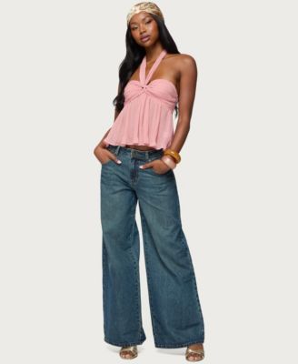 Women's Pleated Chiffon Babydoll Halter Top