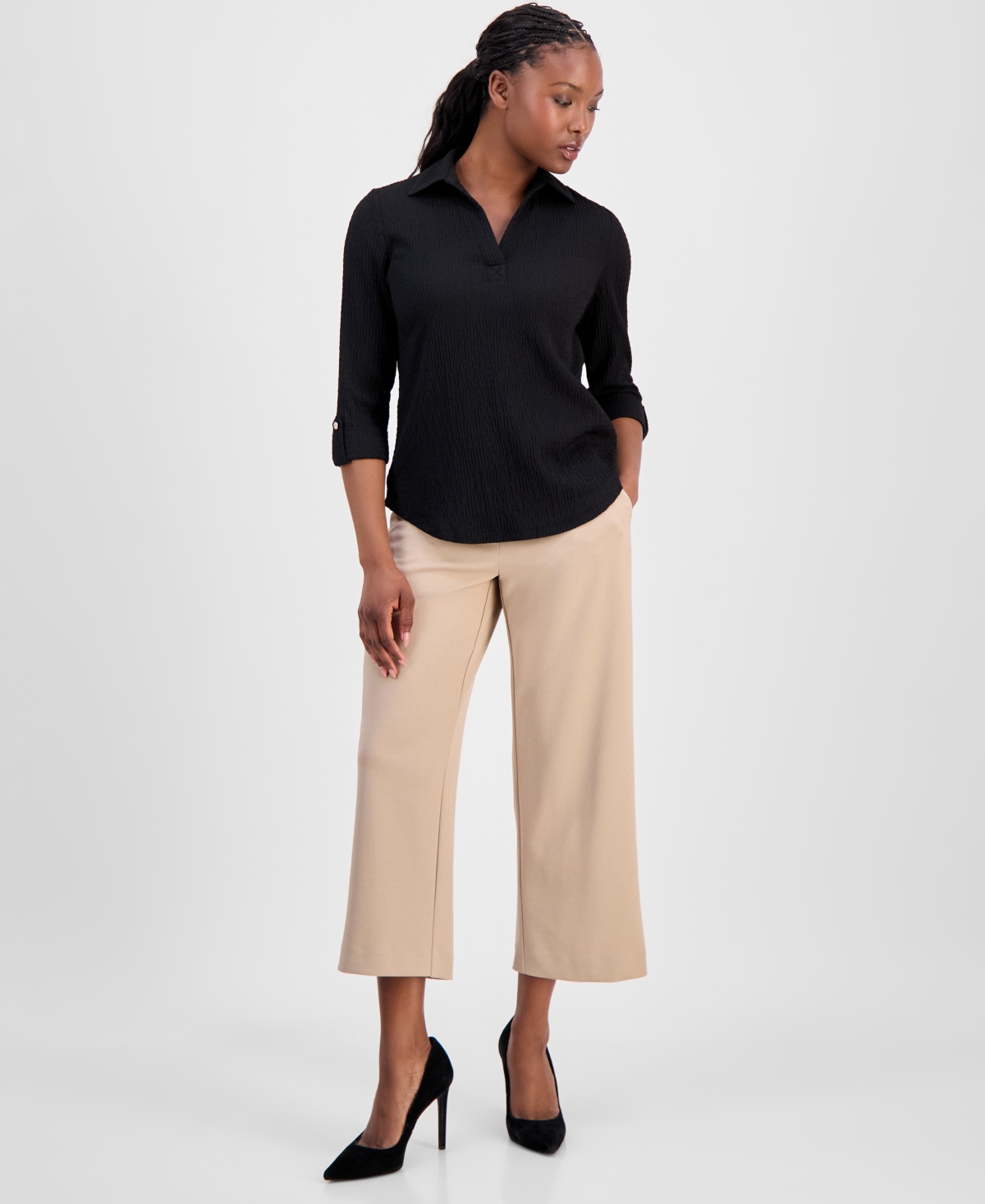 Ak Anne Klein Petite Textured Split-Neck Top