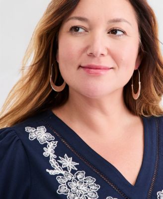 Style & Co Plus Size V-Neck Puff-Sleeve Embroidered Blouse