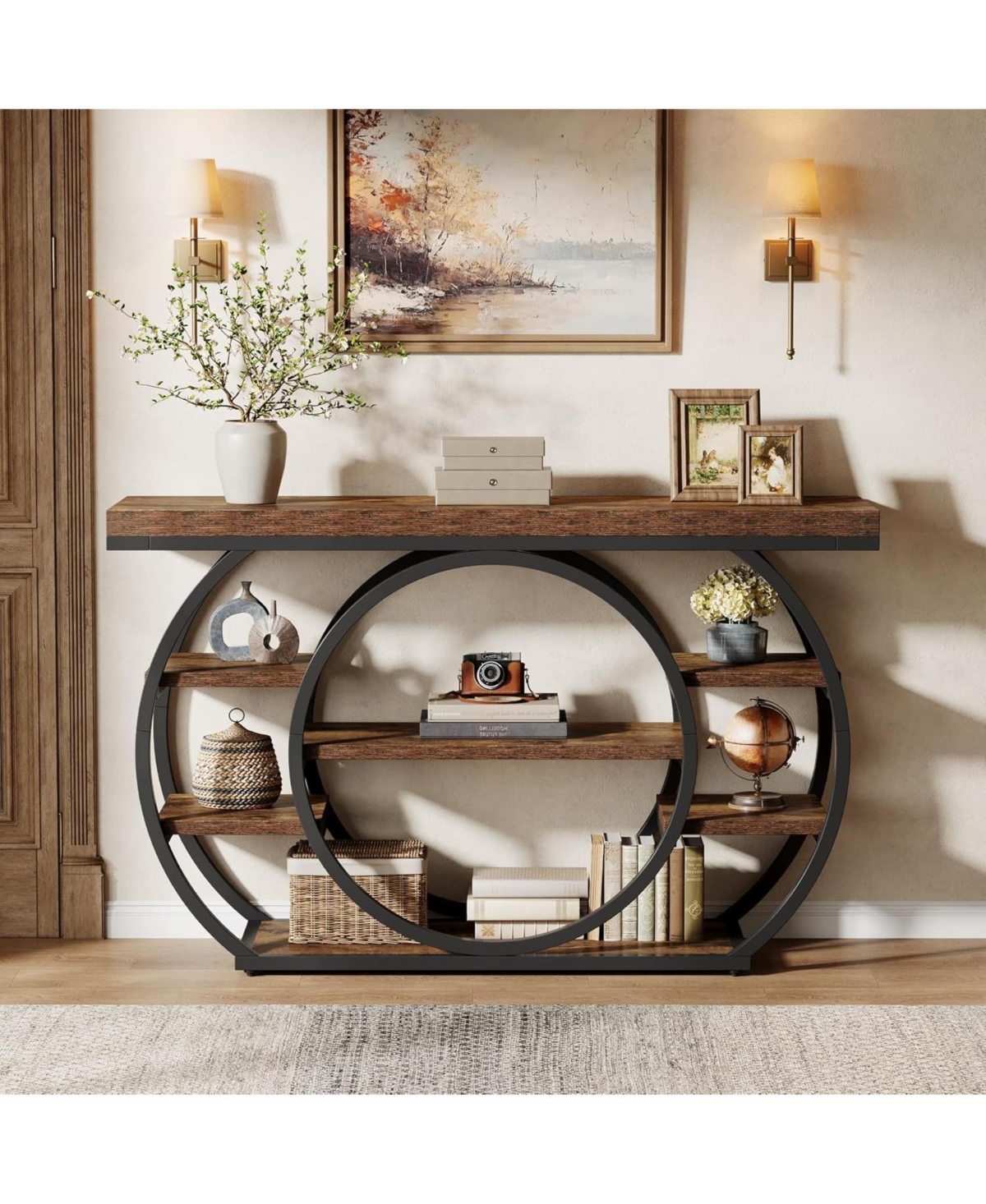 Tribesigns 47" Console Table, 5-Tier Industrial Entryway Table with Metal Frame, Rustic Brown