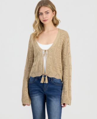Juniors' Tie-Front Crochet-Look Cardigan Sweater