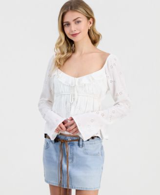 Juniors' Long-Sleeve Eyelet Woven Top
