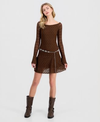 Juniors' Lace Long-Sleeve Mini Dress
