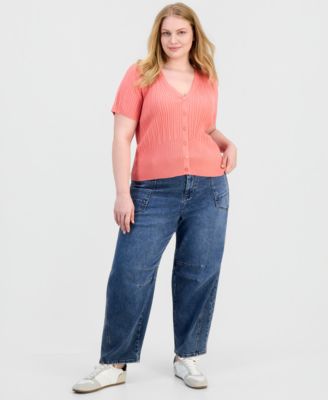 Trendy Plus Size Short-Sleeve Ribbed V-Neck Cardigan