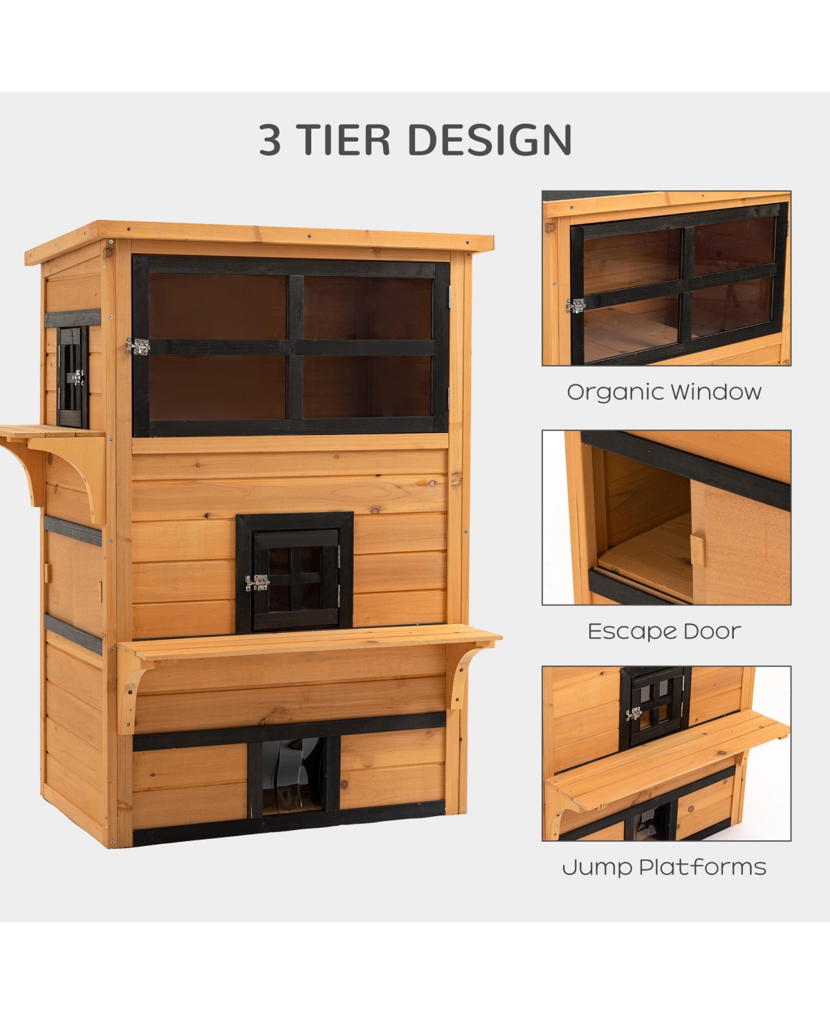 Cat House Outdoor 3-Tier Kitty Shelter, Weather Resistant Escape Door