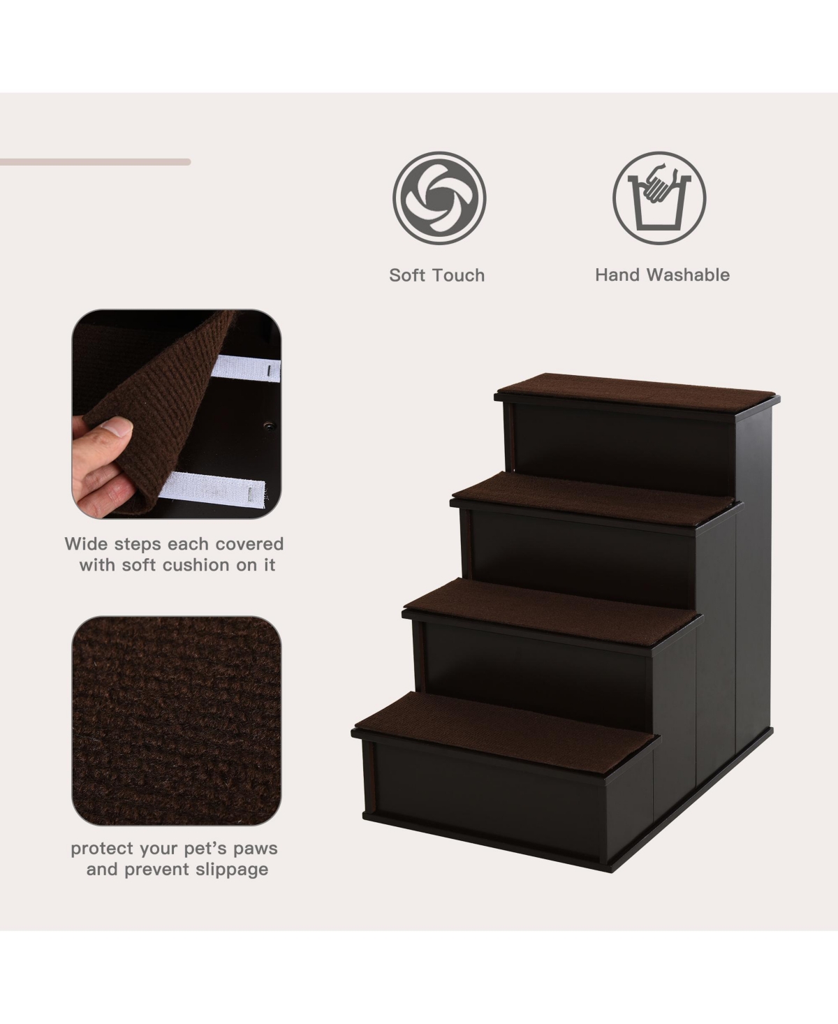 4-Step Wooden Pet Stairs, Small Animal Steps w/ Cushion 22 Lbs