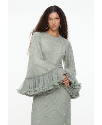 Women's Modest Embellished Sequin Beaded Dress Maxi With Designer Sleeve