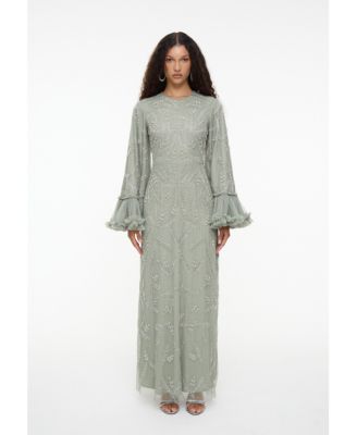 Women's Modest Embellished Sequin Beaded Dress Maxi With Designer Sleeve