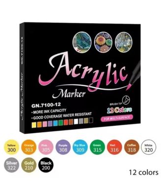 12 Colors Acrylic Water-Based Paint Pens, Waterproof Markers Set with Brush Tip for Painting, Journaling, Fabric, Ceramic and Metal