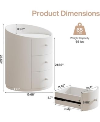 White Round Nightstand, Wood Bed Side Table with 3 Drawers, Fully Assembled