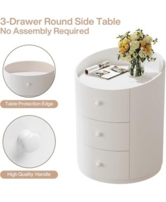 White Round Nightstand, Wood Bed Side Table with 3 Drawers, Fully Assembled