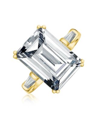 Art Deco 10CT Solitaire Emerald-Cut CZ Cubic Zirconia Promise Ring Baguette Accents Gold Plated Silver
