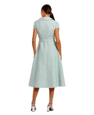 Women's Belted Boucle Cap Sleeve Button Up Midi Dress