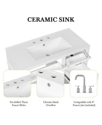 Bathroom Vanity with Ceramic Sink Solid Wood Frame and Flip Drawer