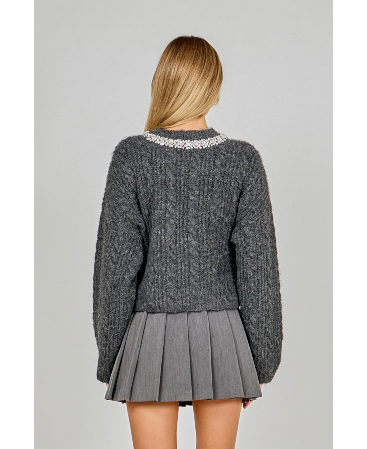 endless rose Women's Jewel Embroidered Fuzzy Cable Knit Chunky Sweater