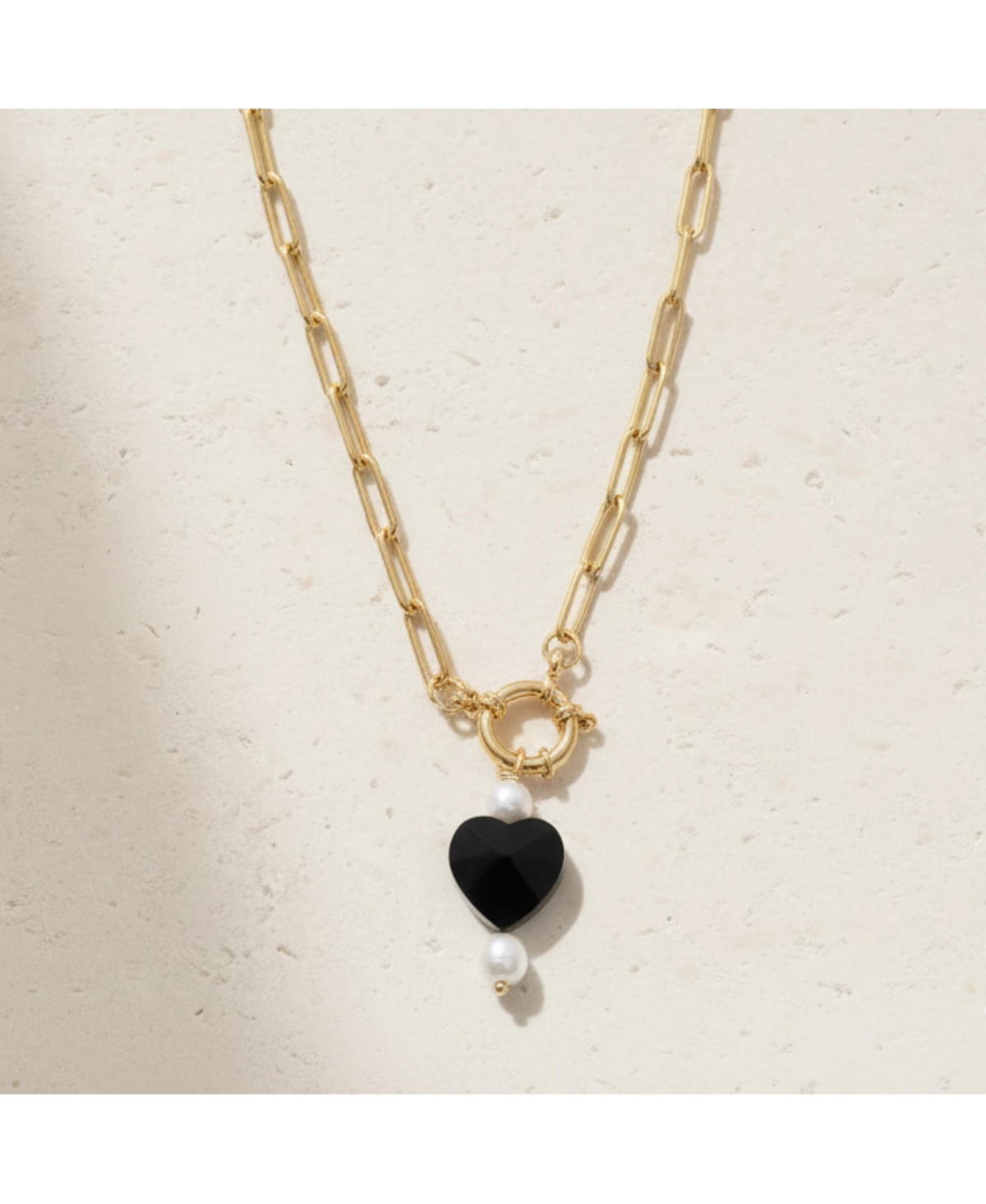 Joey Baby Gold Paperclip Chain Necklace with Black Heart and Freshwater Pearl Pendant