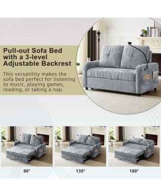 53.9" Chenille Pull-Out Sleeper Sofa with Adjustable Backrest, USB Ports, Cup Holders & Side Storage