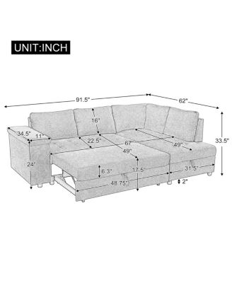 91.5" L-Shaped Sleeper Sofa with Pull-Out Bed, Chaise Storage, Tray Armrest & Side Pockets for Apartment or Living Room
