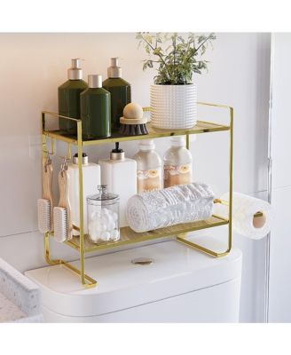 2-Tier Toilet Shelf w/ Paper Holder & Hooks, Metal Bathroom Organizer, Gold, 14.1"x6.3"x10.6"