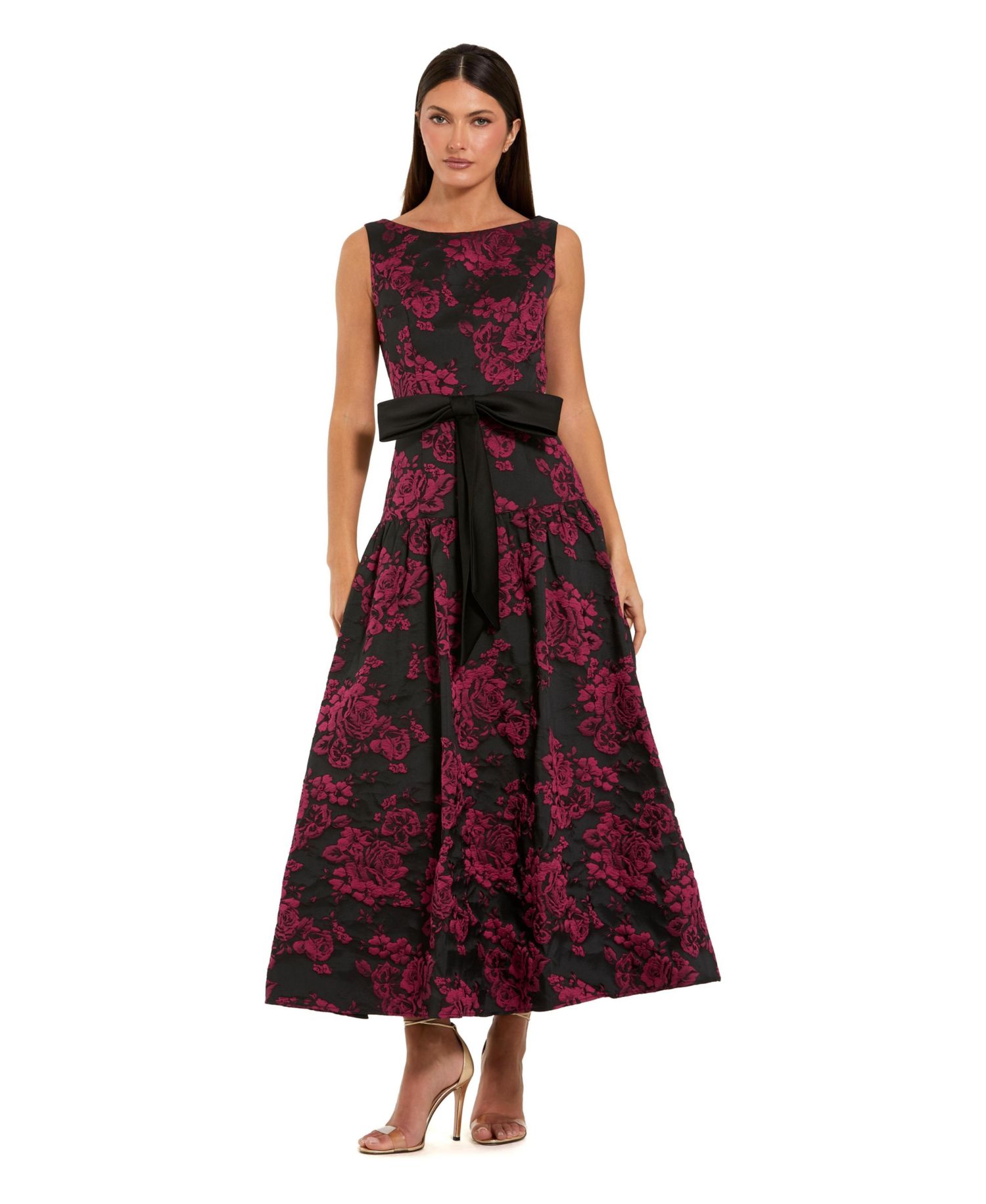 Women's Satin Bow Brocade Drop Waist Midi Dress