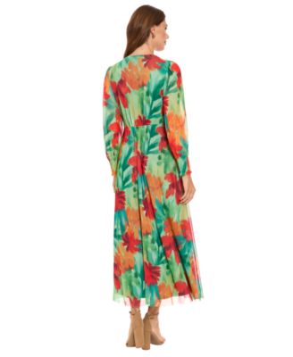 Women's Shirred Surplice Bishop-Sleeve Maxi Dress