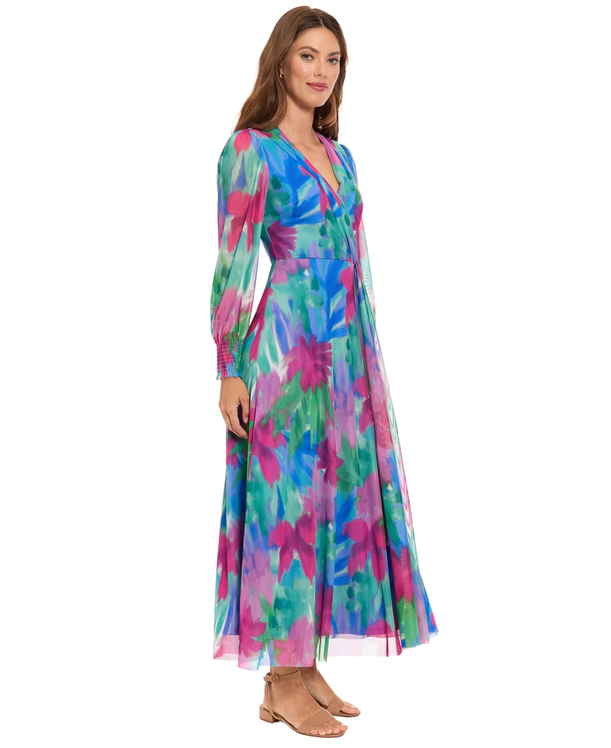 London Times Women's Shirred Surplice Bishop-Sleeve Maxi Dress