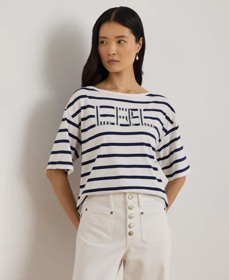 Petite Striped Beaded-Logo T-Shirt - White/Refined Navy