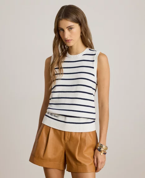 Petite Striped Sleeveless Sweater - White/Refined Navy