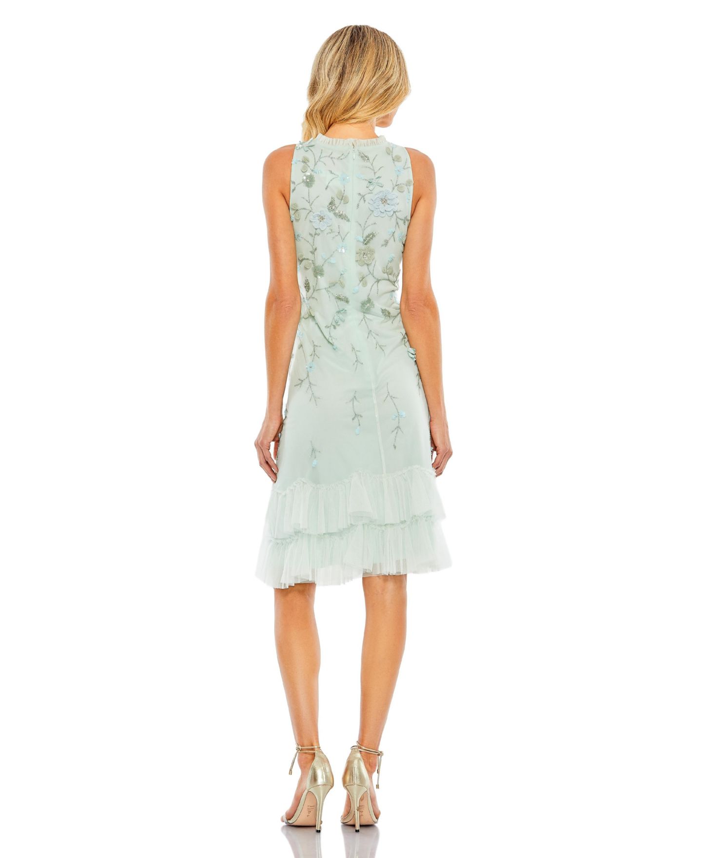 Женское платье Mac Duggal Embellished Ruffle Tiered High Neck Floral, цвет: Морская пена — фото 2
