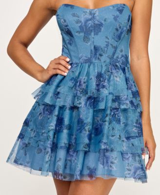 Juniors' Printed Glitter Strapless Dress