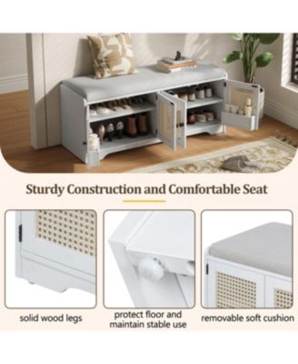 Rustic Storage Bench with Cushion and Rattan Doors (Brown+Beige