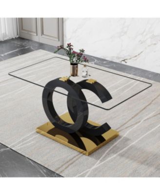 Glass Dining Table with OC-Shaped Black MDF Legs & Gold Base