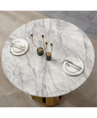 47" Round Marble Dining Table with Stainless Steel Base (Gold/Gray)