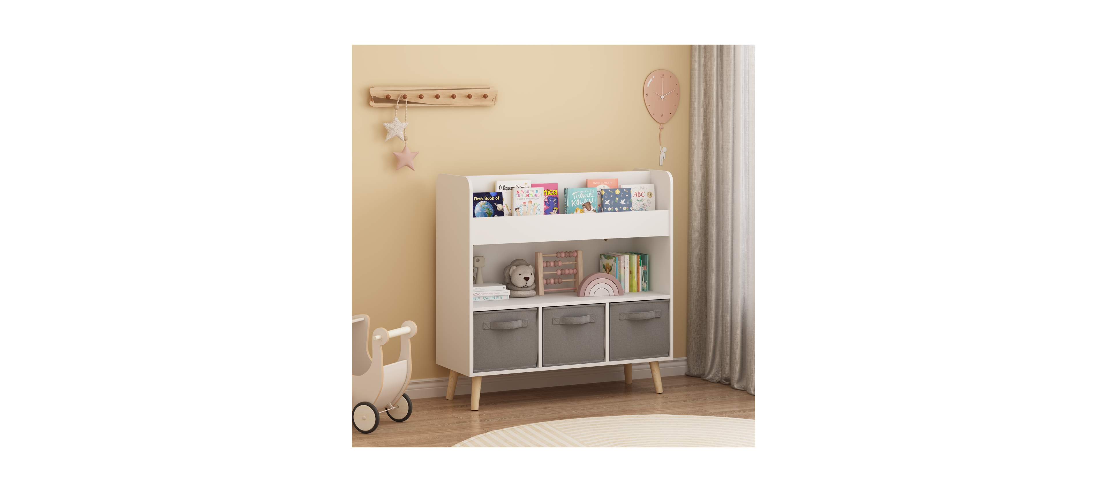 Streamdale Furniture Streamdale Kids Bookshelf with 3 Fabric Bins - White & Gray