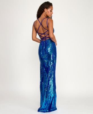 Juniors' Deep V-Neck Lace-Up Back Gown