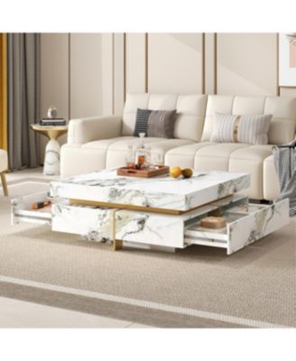 Modern Marble Coffee Table with 4 Drawers, White, 43.3