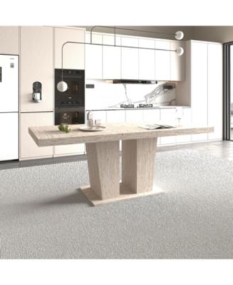 Rectangular extendable dining table (6-10 people, 160-200cm) with veined travertine.