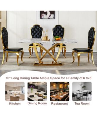 Marble Dining Table for 6, 70" Rectangle Faux Marble w/ Mirrored Stainless Steel Base (Gold, Gray